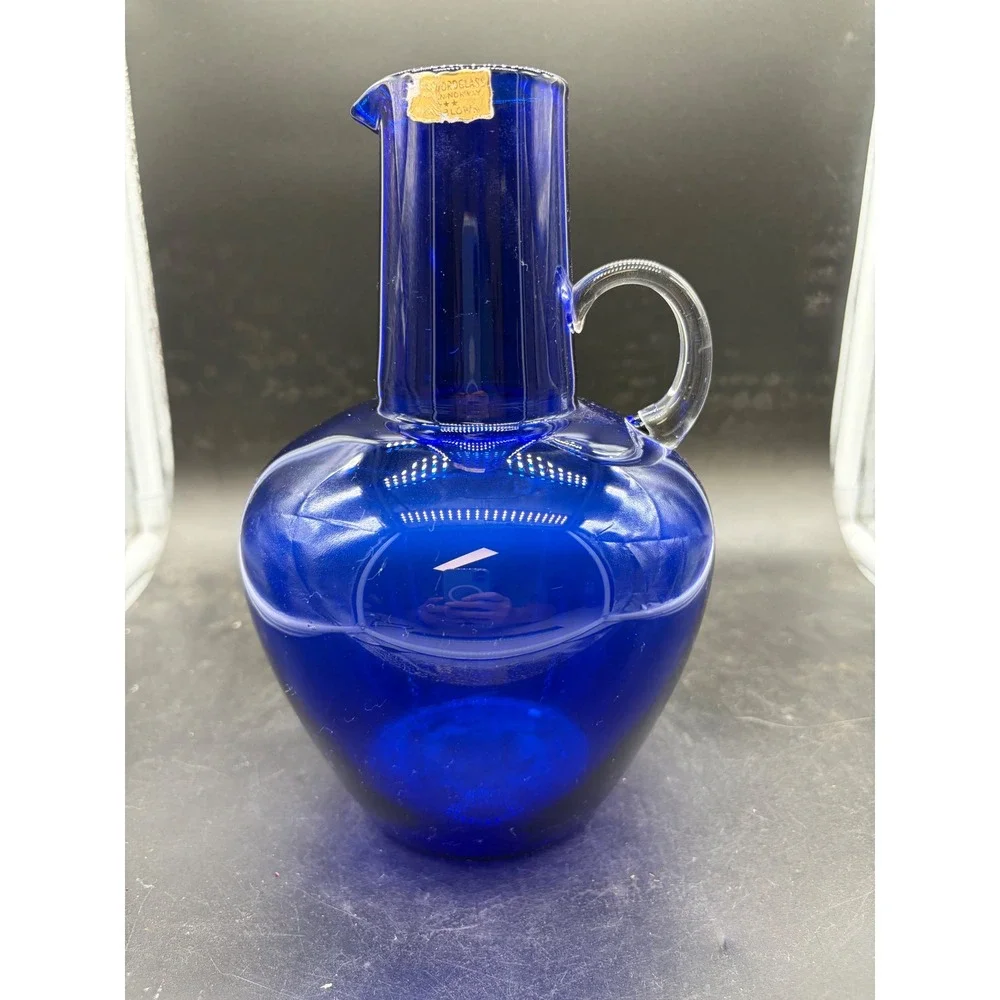 Norsk Glass Cobalt Blue Handblown Pitcher Norway Vintage Glass Carafe 8.5